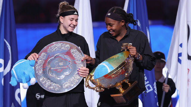 BEIJING, CHINA - OCTOBER 06: Coco Gauff (R) of the United States poses with the winners trophy with Karolina Muchova of the Czech Republic after winning the Women's Singles Finals match on Day 14 on 2024 China Open at National Tennis Center on October 06, 2024 in Beijing, China.