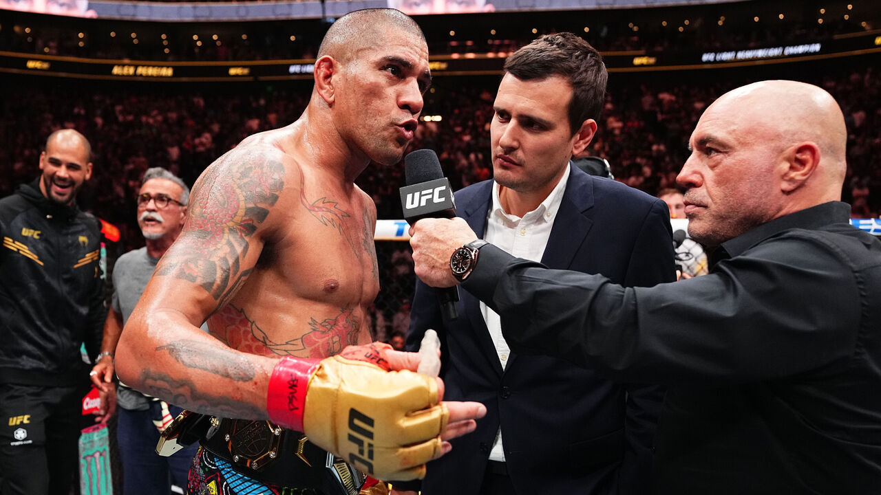SALT LAKE CITY, UTAH - OCTOBER 05: Alex Pereira of Brazil reacts after his TKO victory against Khalil Rountree Jr. in the UFC light heavyweight championship fight during the UFC 307 event at Delta Center on October 05, 2024 in Salt Lake City, Utah.