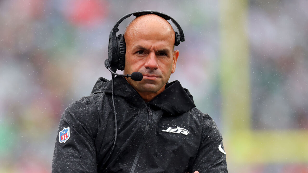 EAST RUTHERFORD, NEW JERSEY - SEPTEMBER 29: Head coach Robert Saleh of the New York Jets looks on against the Denver Broncos during the first half at MetLife Stadium on September 29, 2024 in East Rutherford, New Jersey.