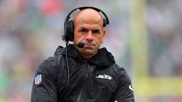 EAST RUTHERFORD, NEW JERSEY - SEPTEMBER 29: Head coach Robert Saleh of the New York Jets looks on against the Denver Broncos during the first half at MetLife Stadium on September 29, 2024 in East Rutherford, New Jersey.
