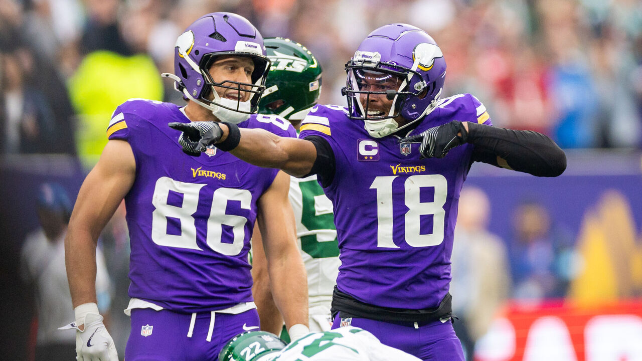 LONDON, ENG - OCTOBER 06: Minnesota Vikings wide receiver Justin Jefferson (18) celebrates a first down during the professional NFL football game between the New York Jets and Minnesota Vikings on October 6, 2024 at Tottenham Hotspur Stadium in London, England.