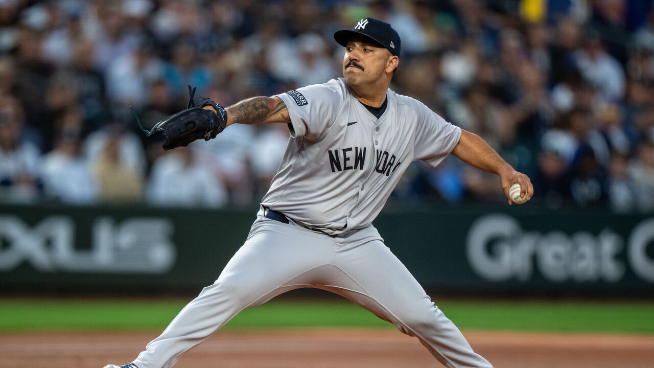 SEATTLE, WA - SEPTEMBER 18: Starter Nestor Cortes pitches during a game against the Seattle Mariners at T-Mobile Park on September 18, 2024 in Seattle, Washington. The Yankees won 2-1 in 10 innings.