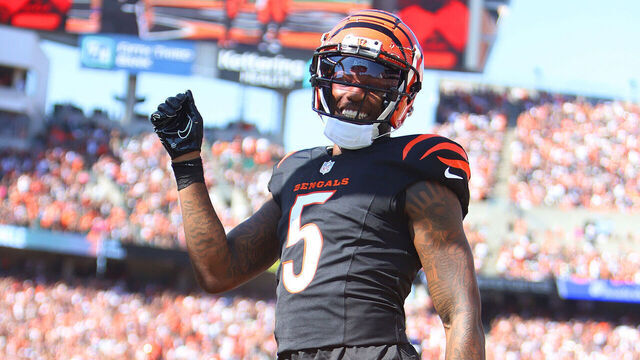 CINCINNATI, OH - OCTOBER 06 - Cincinnati Bengals wide receiver Tee Higgins (5) celebrates a touchdown in a game between the Baltimore Ravens and the Cincinnati Bengals at Paycor Stadium on Sunday, October 6, 2024.