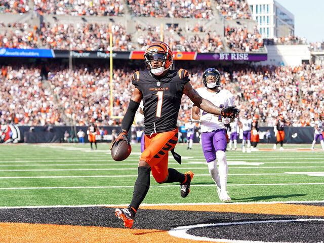 CINCINNATI, OHIO - OCTOBER 06: Ja'Marr Chase #1 of the Cincinnati Bengals celebrates a touchdown against the Baltimore Ravens during the second quarter at Paycor Stadium on October 06, 2024 in Cincinnati, Ohio.