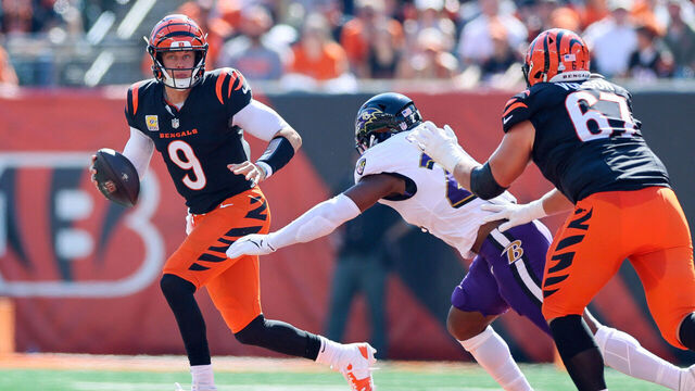 CINCINNATI, OHIO - OCTOBER 06: Joe Burrow #9 of the Cincinnati Bengals looks to pass against the Baltimore Ravens at Paycor Stadium on October 06, 2024 in Cincinnati, Ohio.