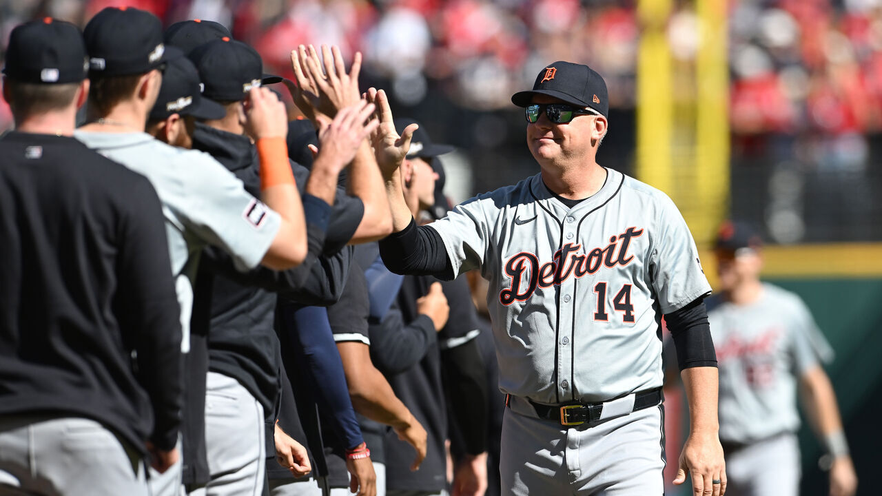 CLEVELAND, OHIO - OCTOBER 05: Manager A.J. Hinch of the Detroit Tigers is introduced prior to Game One of the Division Series against the Cleveland Guardians at Progressive Field on October 05, 2024 in Cleveland, Ohio.