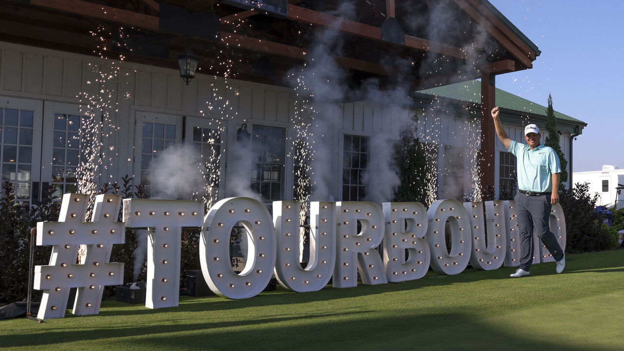 FRENCH LICK, INDIANA - OCTOBER 06: Braden Thornberry is introduced during the Tourbound card ceremony after the final round of the Korn Ferry Tour Championship presented by United Leasing & Finance 2024 at French Lick Golf Resort on October 06, 2024 in French Lick, Indiana.