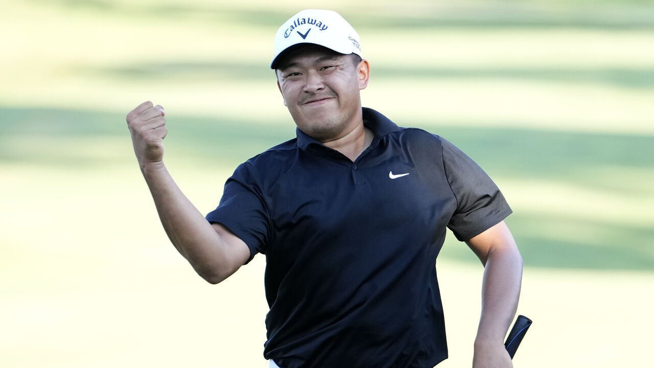 JACKSON, MISSISSIPPI - OCTOBER 06: Kevin Yu of Chinese Taipei reacts to his birdie putt on the 18th green during the final round of the Sanderson Farms Championship 2024 at the Country Club of Jackson on October 06, 2024 in Jackson, Mississippi.