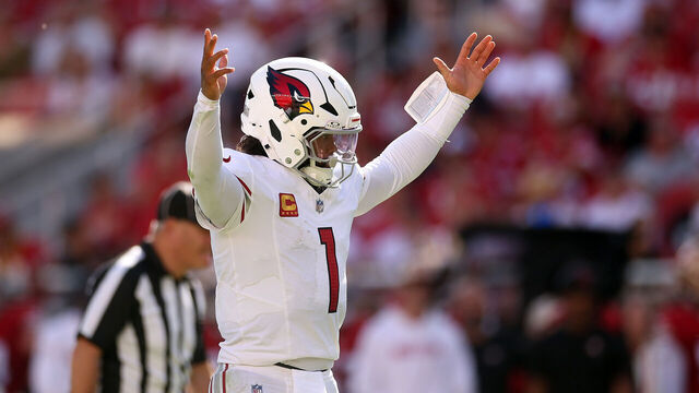 SANTA CLARA, CALIFORNIA - OCTOBER 06: Kyler Murray #1 of the Arizona Cardinals reacts after a two point conversion in the fourth quarter of a game against the San Francisco 49ers at Levi's Stadium on October 06, 2024 in Santa Clara, California.