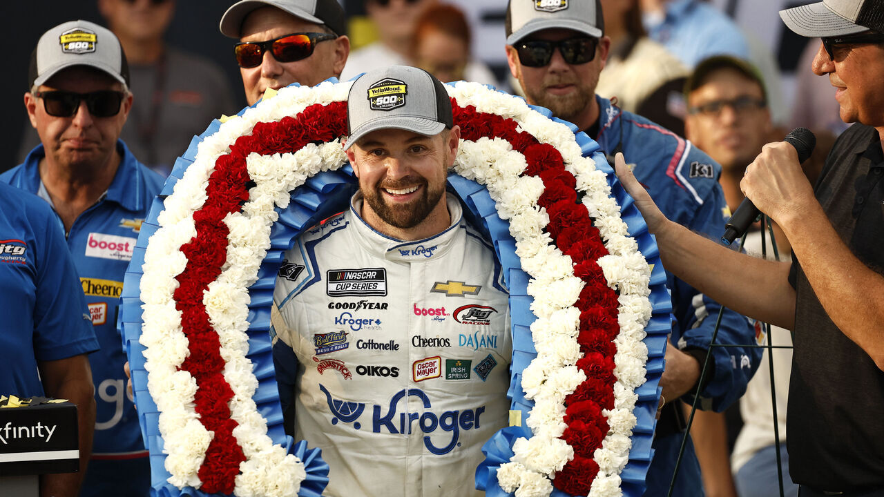 TALLADEGA, ALABAMA - OCTOBER 06: Ricky Stenhouse Jr., driver of the #47 Kroger Health/Palmolive Chevrolet, celebrates in victory lane after winning the NASCAR Cup Series YellaWood 500 at Talladega Superspeedway on October 06, 2024 in Talladega, Alabama.