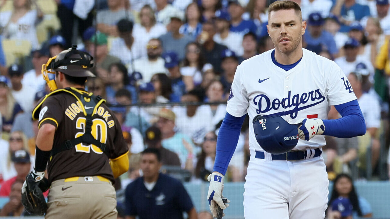 LOS ANGELES, CALIFORNIA - OCTOBER 06: Freddie Freeman #5 of the Los Angeles Dodgers reacts after striking out during the first inning in game two of the National League Division Series against the San Diego Padres at Dodger Stadium on Sunday, Oct. 6, 2024 in Los Angeles. (Robert Gauthier / Los Angeles Times via Getty Images)