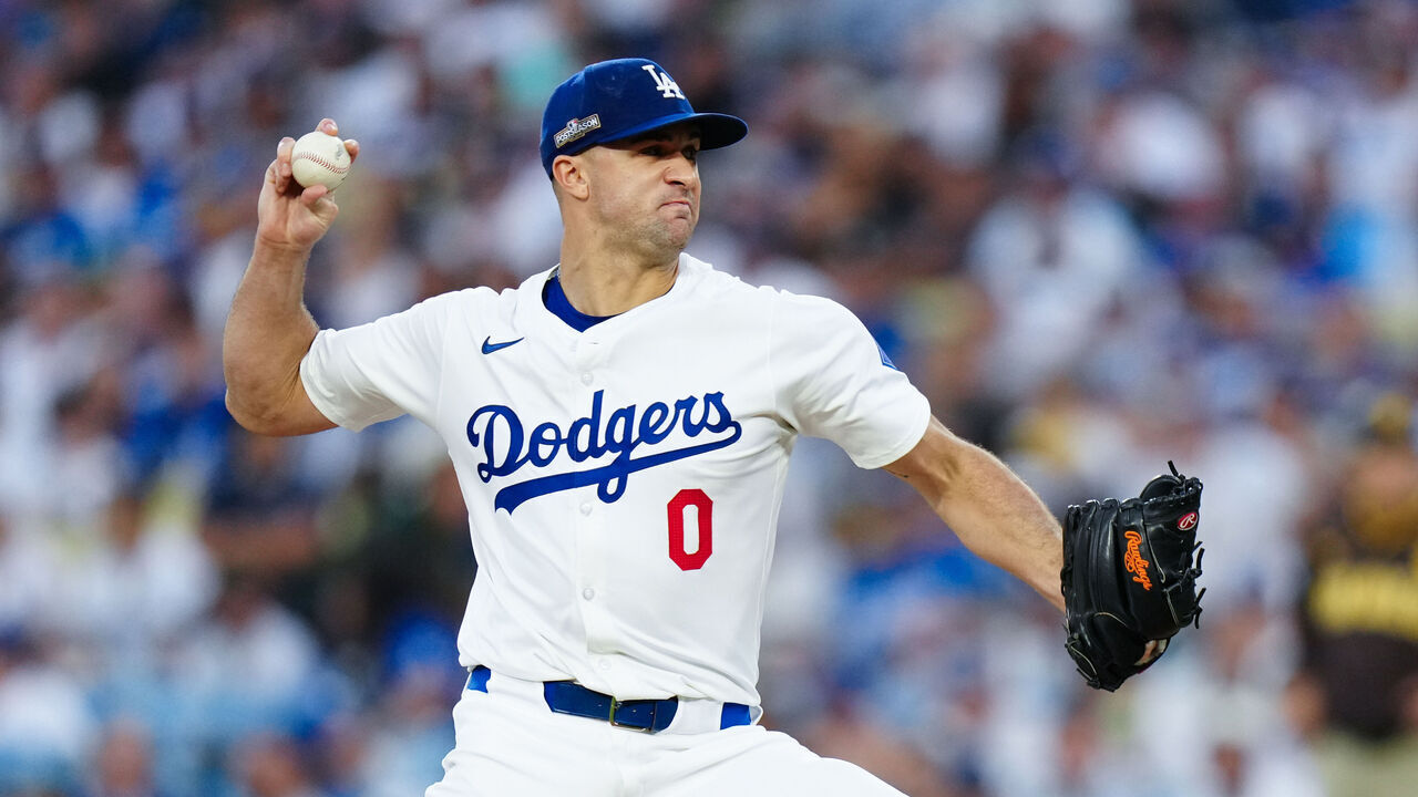 LOS ANGELES, CA - OCTOBER 06: Jack Flaherty #0 of the Los Angeles Dodgers pitches during Game 2 of the Division Series presented by Booking.com between the San Diego Padres and the Los Angeles Dodgers at Dodger Stadium on Sunday, October 6, 2024 in Los Angeles, California.