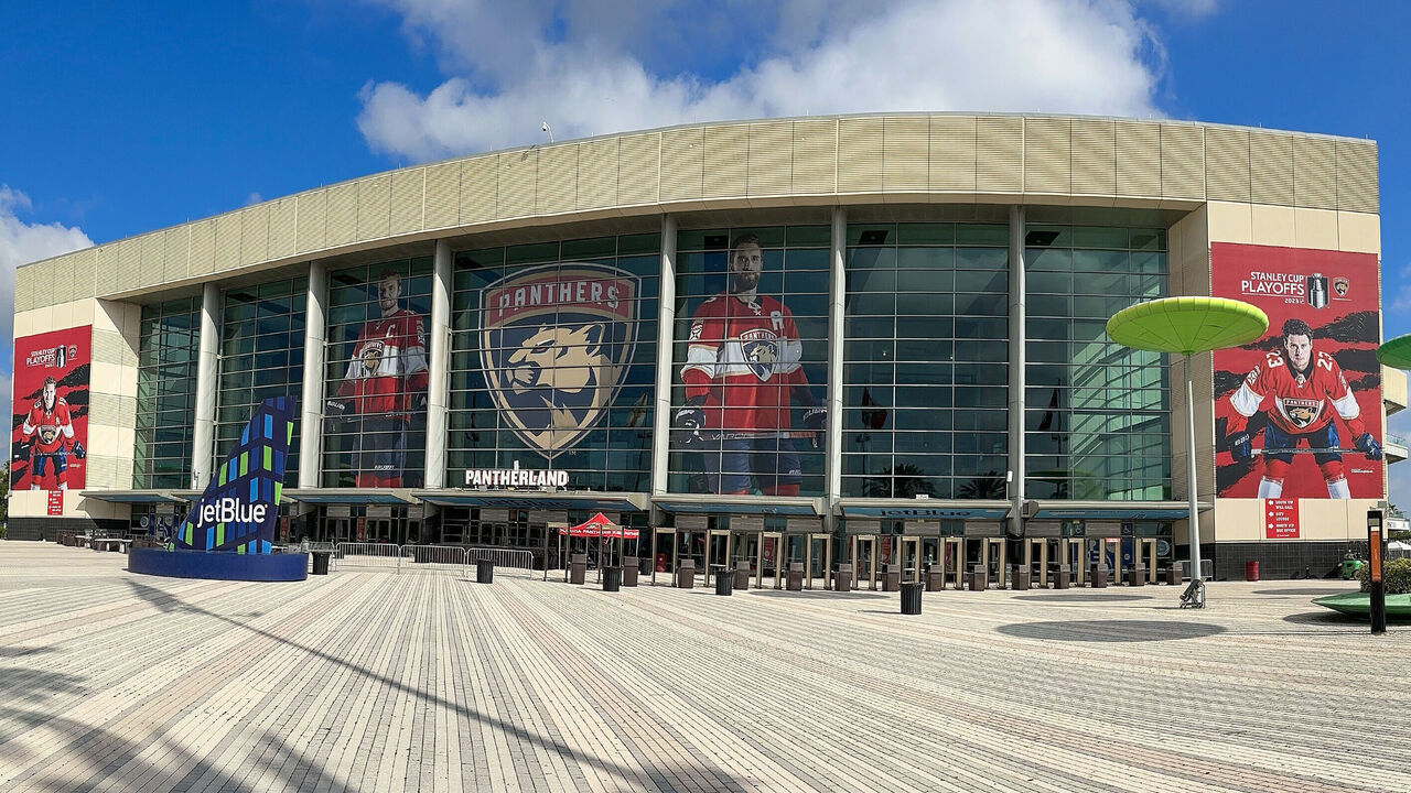 SUNRISE, FL - APRIL 23: A general view of the exterior of the FLA Live Arena prior to Game Four of the First Round of the 2023 Stanley Cup Playoffs between the Florida Panthers and the Boston Bruins on April 23, 2023 in Sunrise, Florida.