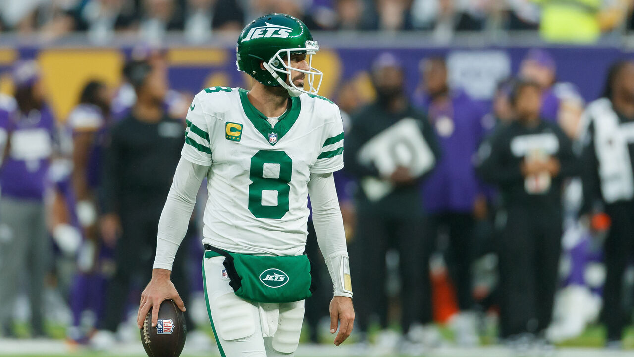 London, United Kingdom - October 6: Aaron Rodgers of New York Jets looks dejected during the NFL match between New York Jets and Minnesota Vikings at Tottenham Hotspur Stadium on October 6, 2024 in London, England.