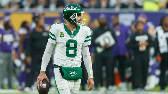 London, United Kingdom - October 6: Aaron Rodgers of New York Jets looks dejected during the NFL match between New York Jets and Minnesota Vikings at Tottenham Hotspur Stadium on October 6, 2024 in London, England.