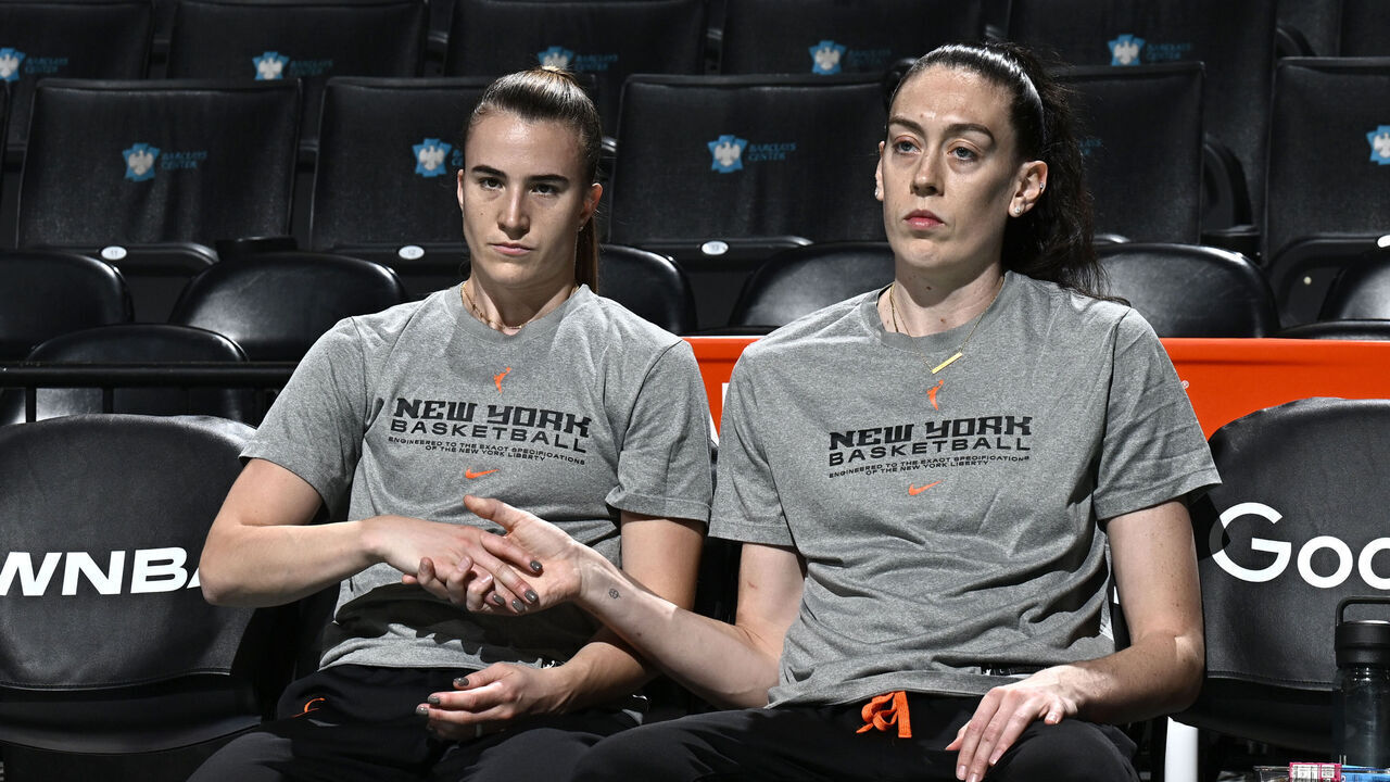 BROOKLYN, NY - OCTOBER 1: Sabrina Ionescu #20 and Breanna Stewart #30 of the New York Liberty high five before the game against the Las Vegas Aces during Round Two Game Two of the 2024 WNBA Playoffs on October 1, 2024 in Brooklyn, New York. Mandatory Copyright Notice: Copyright 2024 NBAE