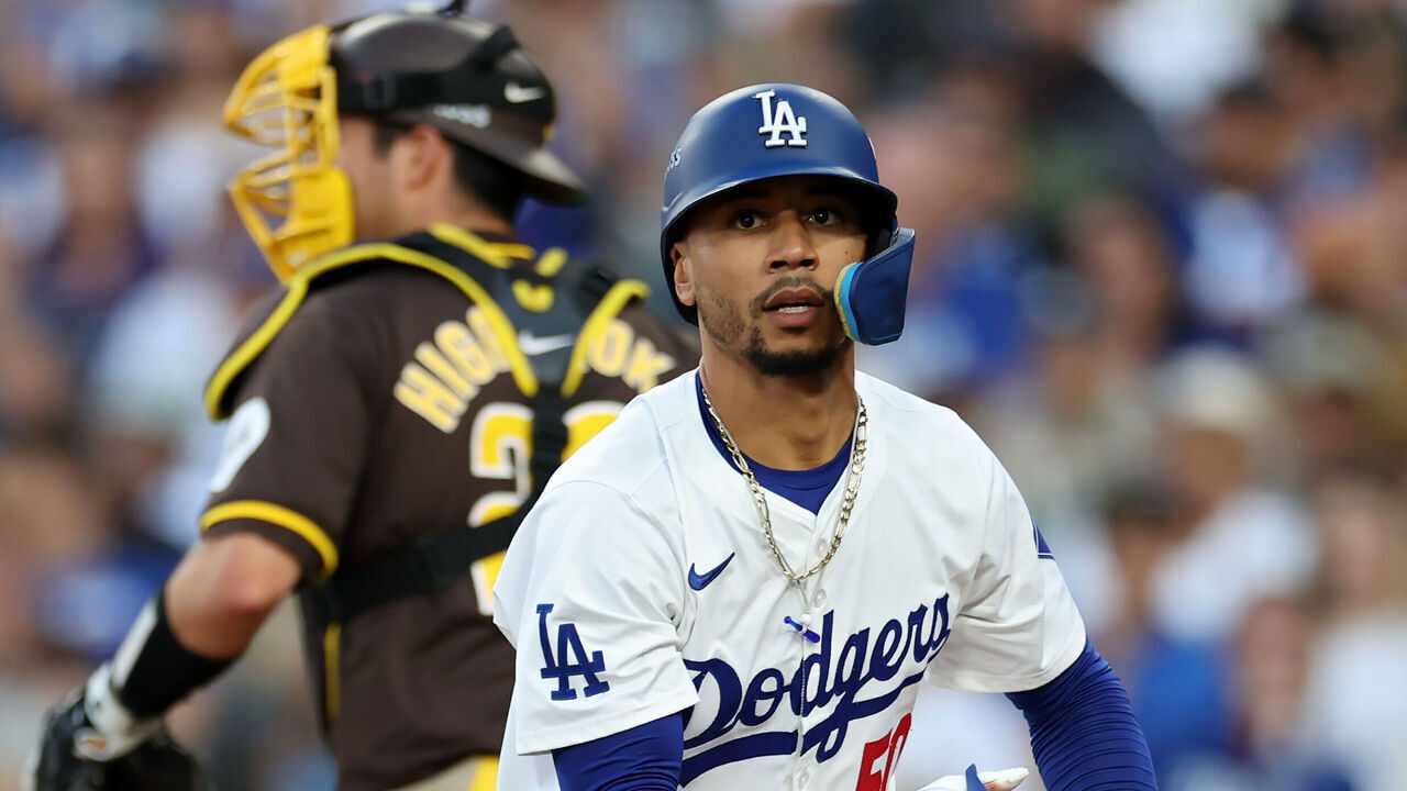 LOS ANGELES, CALIFORNIA - OCTOBER 06: Mookie Betts #50 of the Los Angeles Dodgers reacts after striking out in the third inning against the San Diego Padres during Game Two of the Division Series at Dodger Stadium on October 06, 2024 in Los Angeles, California.