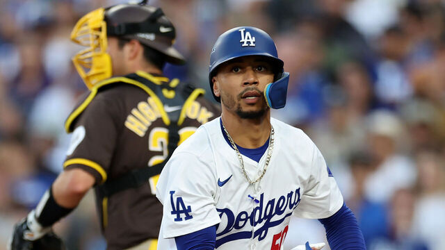 LOS ANGELES, CALIFORNIA - OCTOBER 06: Mookie Betts #50 of the Los Angeles Dodgers reacts after striking out in the third inning against the San Diego Padres during Game Two of the Division Series at Dodger Stadium on October 06, 2024 in Los Angeles, California.