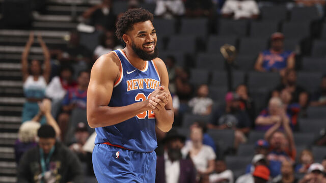 CHARLOTTE, NC - OCTOBER 22: Karl-Anthony Towns #32 of the New York Knicks smiles during an NBA preseason game on October 22, 2024 at Spectrum Center in Charlotte, North Carolina. Mandatory Copyright Notice: Copyright 2024 NBAE