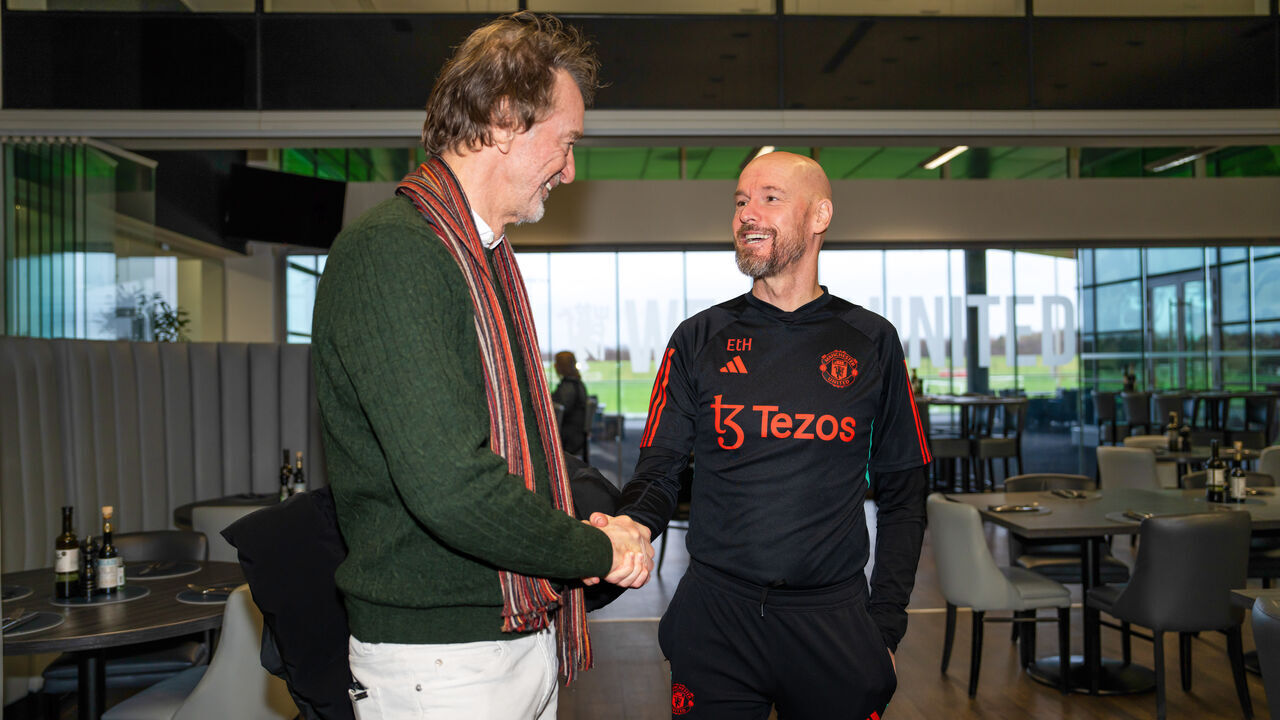 MANCHESTER, ENGLAND - JANUARY 03: Sir Jim Ratcliffe of INEOS meets Manager Erik Ten Hag of Manchester United in the staff restaurant at Carrington Training Complex on January 03, 2024 in Manchester, England.