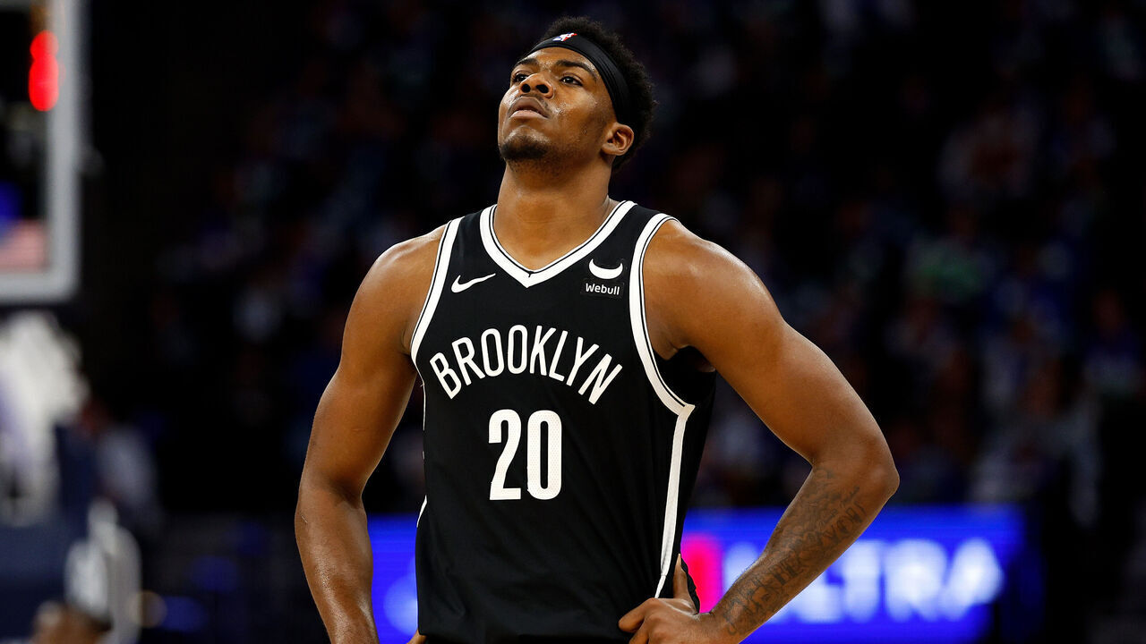 MINNEAPOLIS, MINNESOTA - FEBRUARY 24: Day'Ron Sharpe #20 of the Brooklyn Nets looks on against the Minnesota Timberwolves in the third quarter at Target Center on February 24, 2024 in Minneapolis, Minnesota. The Timberwolves defeated the Nets 101-86.