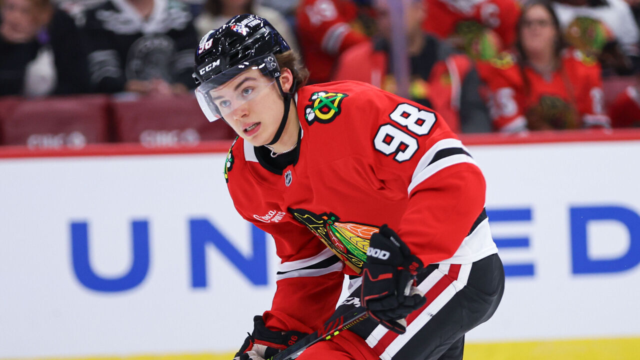 CHICAGO, IL - OCTOBER 04: Chicago Blackhawks center Connor Bedard #98 skates in action during the second period of a preseason game against the Minnesota Wild on October 4, 2024 at the United Center in Chicago,Illinois.