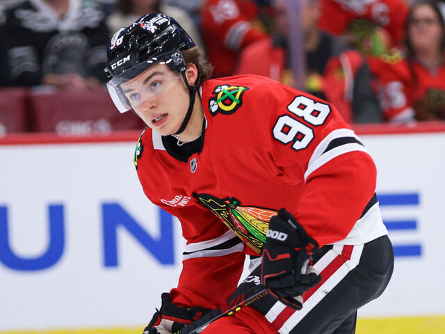 CHICAGO, IL - OCTOBER 04: Chicago Blackhawks center Connor Bedard #98 skates in action during the second period of a preseason game against the Minnesota Wild on October 4, 2024 at the United Center in Chicago,Illinois.