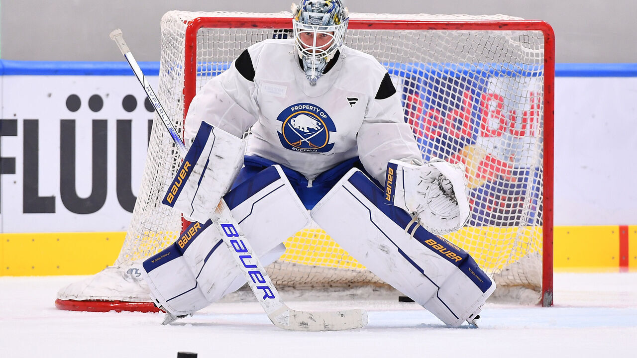 MUNICH, GERMANY - SEPTEMBER 25: Goaltender James Reimer #47 of the Buffalo Sabres defends the net during practice before the 2024 NHL Global Series Challenge at SAP Garden on September 25, 2024 in Munich, Germany.