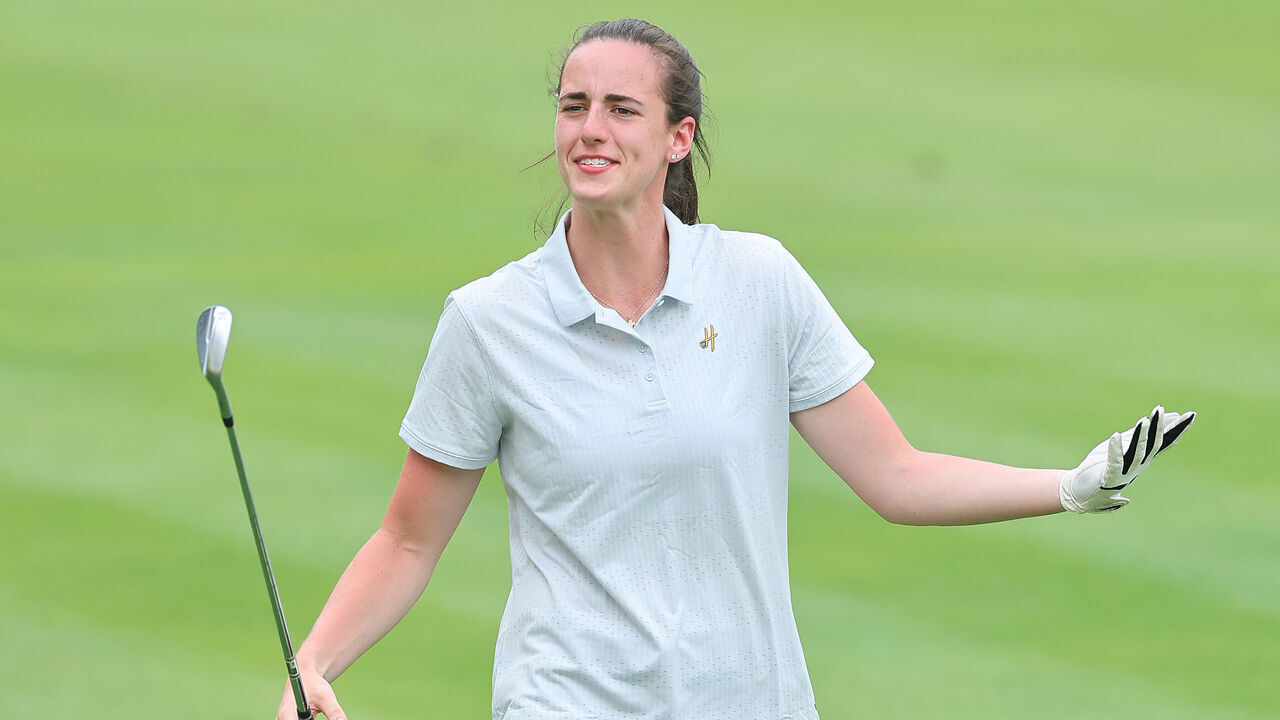 SILVIS, ILLINOIS - JULY 05: Caitlin Clark of the Iowa Hawkeyes reacts during the pro-am prior to the John Deere Classic at TPC Deere Run on July 05, 2023 in Silvis, Illinois.