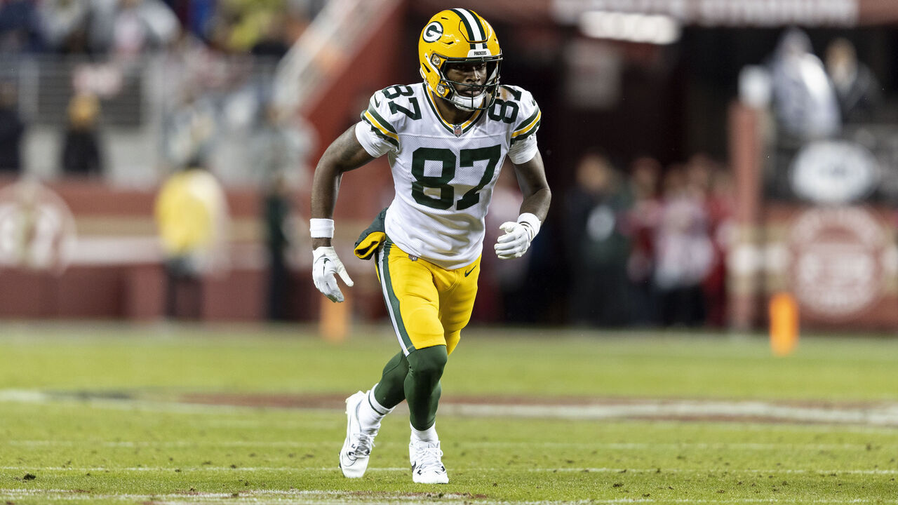 SANTA CLARA, CALIFORNIA - JANUARY 20: Romeo Doubs #87 of the Green Bay Packers runs a route during an NFL divisional round playoff football game between the San Francisco 49ers and the Green Bay Packers at Levi's Stadium on January 20, 2024 in Santa Clara, California.