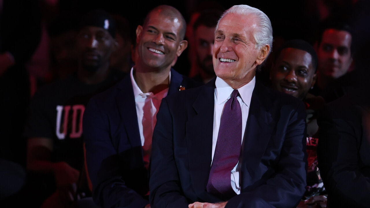 MIAMI, FLORIDA - JANUARY 19: Miami Heat president Pat Riley looks on during the Udonis Haslem jersey retirement ceremony at halftime of a game between the Atlanta Hawks and Miami Heat at Kaseya Center on January 19, 2024 in Miami, Florida.