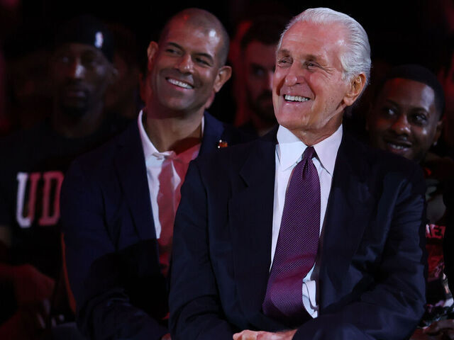 MIAMI, FLORIDA - JANUARY 19: Miami Heat president Pat Riley looks on during the Udonis Haslem jersey retirement ceremony at halftime of a game between the Atlanta Hawks and Miami Heat at Kaseya Center on January 19, 2024 in Miami, Florida.
