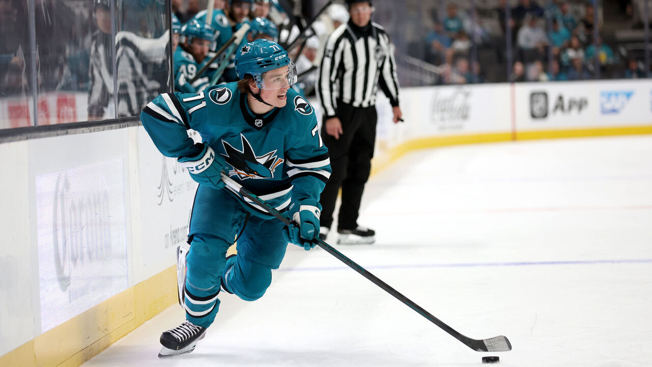 SAN JOSE, CALIFORNIA - OCTOBER 01: Macklin Celebrini #71 of the San Jose Sharks in action against the Utah Hockey Club during their preseason game at SAP Center on October 01, 2024 in San Jose, California.
