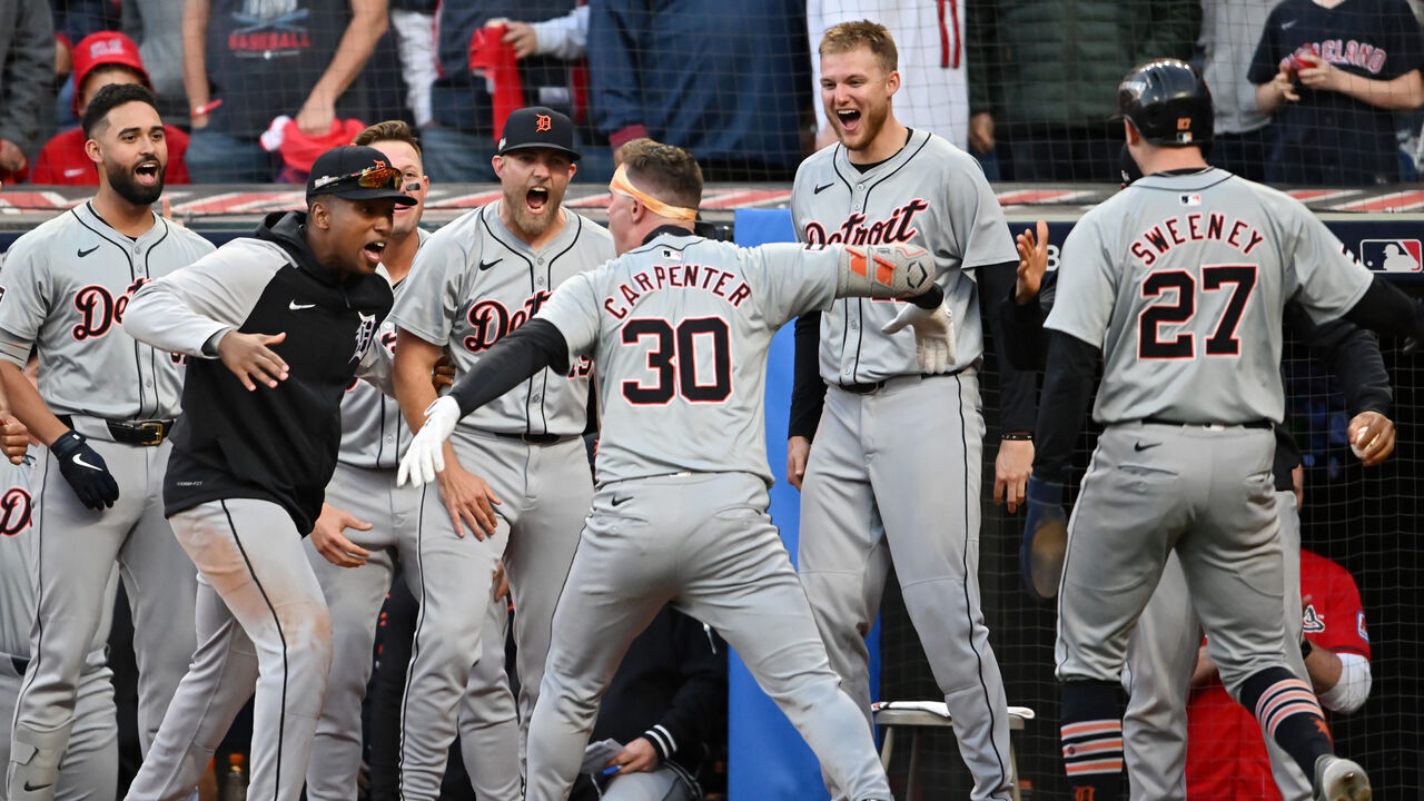 CLEVELAND, OHIO - OCTOBER 07: Kerry Carpenter #30 of the Detroit Tigers celebrates with teammates after hitting a home run in the ninth inning against the Cleveland Guardians during Game Two of the Division Series at Progressive Field on October 07, 2024 in Cleveland, Ohio.
