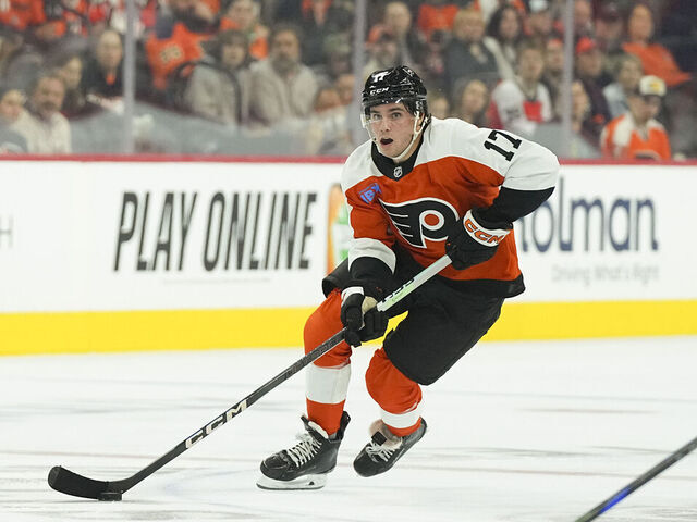 PHILADELPHIA, PENNSYLVANIA - SEPTEMBER 26: Jett Luchanko #17 of the Philadelphia Flyers controls the puck against the New York Islanders during the preseason game at the Wells Fargo Center on September 26, 2024 in Philadelphia, Pennsylvania.