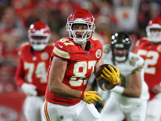 KANSAS CITY, MISSOURI - OCTOBER 07: Travis Kelce #87 of the Kansas City Chiefs runs after catching a pass during the first quarter against the New Orleans Saints at GEHA Field at Arrowhead Stadium on October 07, 2024 in Kansas City, Missouri.