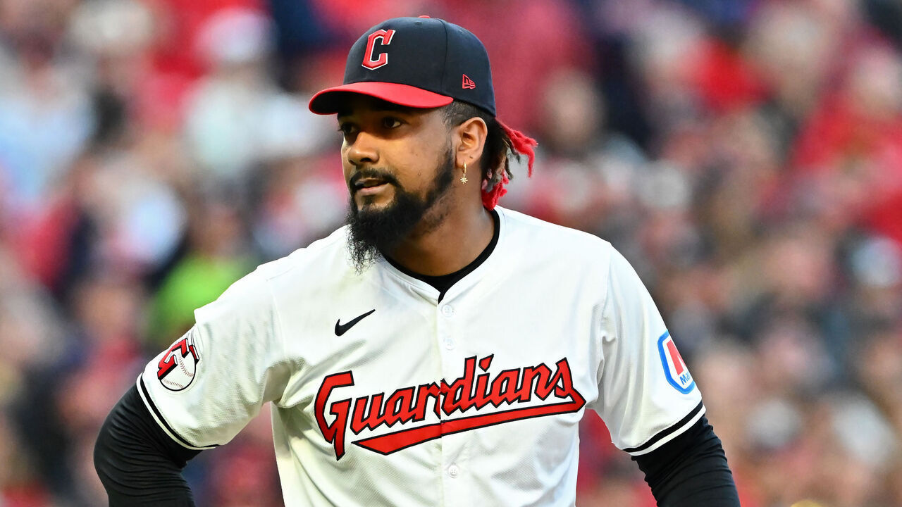 CLEVELAND, OHIO - OCTOBER 07: Emmanuel Clase #48 of the Cleveland Guardians reacts after giving up a home run to Kerry Carpenter #30 of the Detroit Tigers in the ninth inning during Game Two of the Division Series at Progressive Field on October 07, 2024 in Cleveland, Ohio.