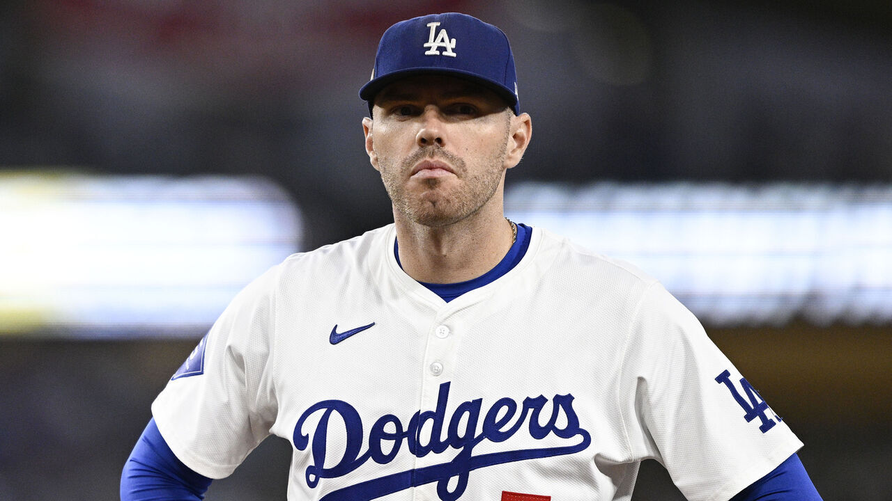 LOS ANGELES, CALIFORNIA - OCTOBER 05: Freddie Freeman #5 of the Los Angeles Dodgers looks on during the third inning against the San Diego Padres in Game One of the Division Series at Dodger Stadium on October 05, 2024 in Los Angeles, California.