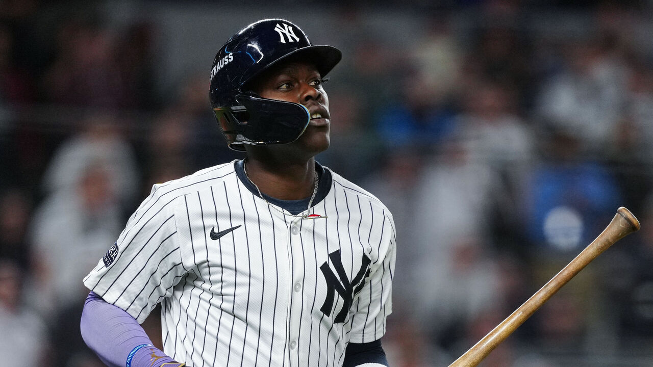 NEW YORK, NY - OCTOBER 07: Jazz Chisholm Jr. #13 of the New York Yankees rounds the bases after hitting a solo home run in the ninth inning of Game 2 of the Division Series presented by Booking.com between the Kansas City Royals and the New York Yankees at Yankee Stadium on Monday, October 7, 2024 in New York, New York.