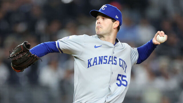 NEW YORK, NEW YORK - OCTOBER 07: Cole Ragans #55 of the Kansas City Royals delivers a pitch in the first inning against the New York Yankees during Game Two of the Division Series at Yankee Stadium on October 07, 2024 in New York City.