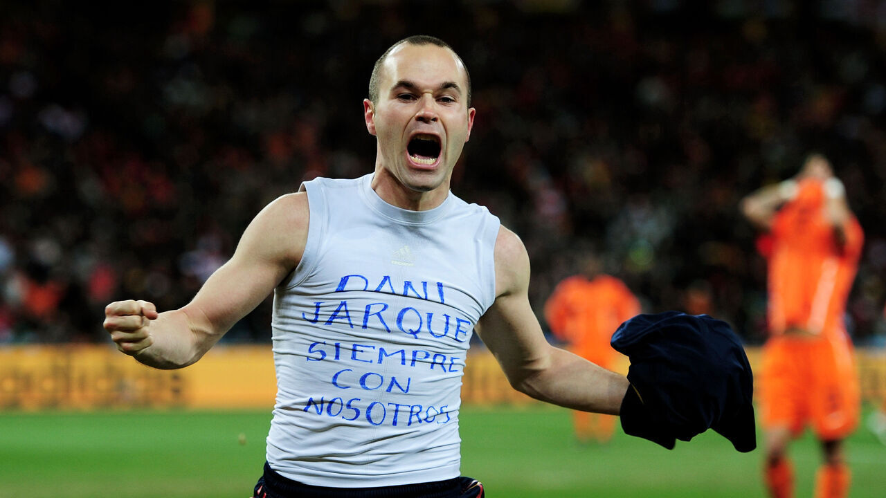 JOHANNESBURG, SOUTH AFRICA - JULY 11: Andres Iniesta of Spain celebrates scoring his side's first goal during the 2010 FIFA World Cup South Africa Final match between Netherlands and Spain at Soccer City Stadium on July 11, 2010 in Johannesburg, South Africa.