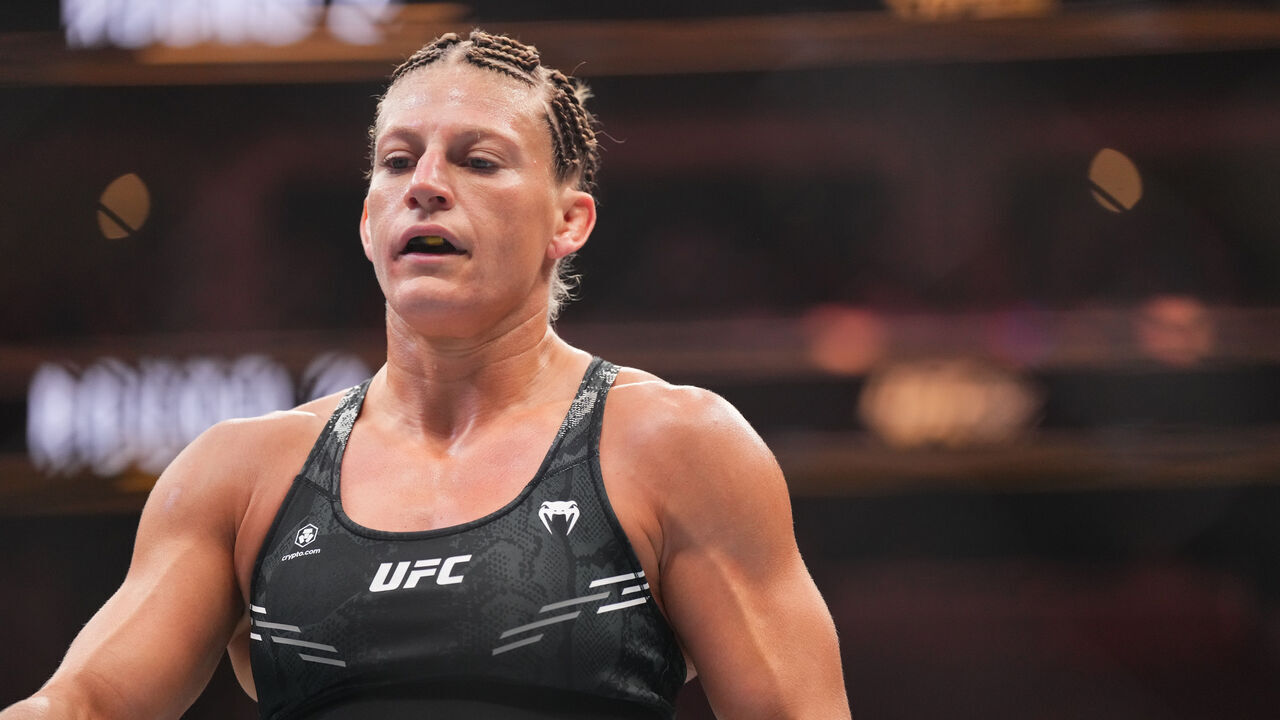 SALT LAKE CITY, UTAH - OCTOBER 05: Kayla Harrison looks on against Ketlen Vieira of Brazil in a bantamweight fight during the UFC 307 event at Delta Center on October 05, 2024 in Salt Lake City, Utah.