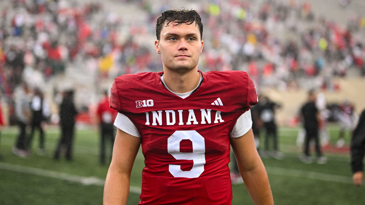 BLOOMINGTON, IN - SEPTEMBER 28: Indiana Hoosiers QB Kurtis Rourke (9) walks off the field following a college football game between the Maryland Terrapins and Indiana Hoosiers on September 28, 2024 at Memorial Stadium in Bloomington, IN