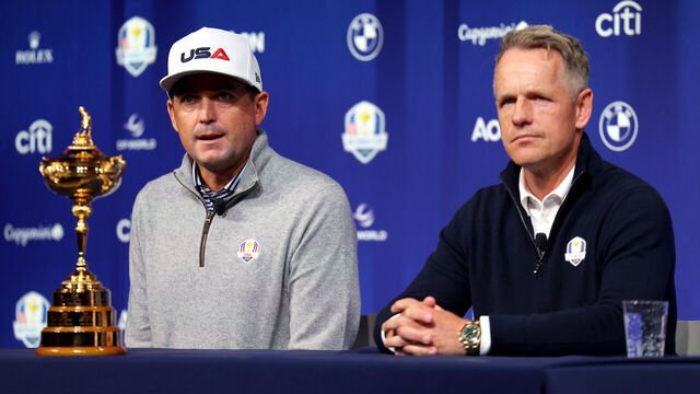 NEW YORK, NEW YORK - OCTOBER 08: Keegan Bradley of The United States and Luke Donald of England speak at a press conference during the Ryder Cup 2024 Year to Go Media Event at The Times Center on October 08, 2024 in New York, New York.