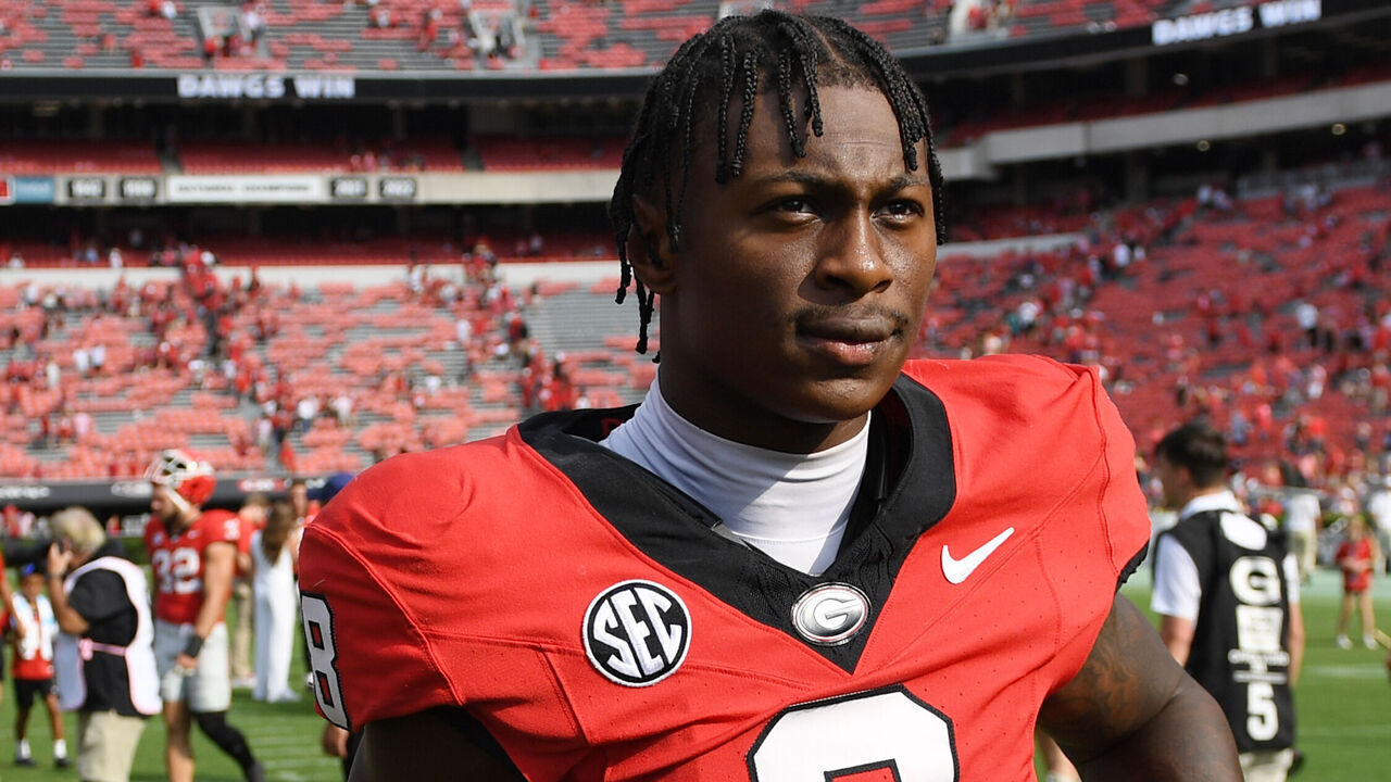 ATHENS, GA - SEPTEMBER 07: Georgia Bulldogs wide receiver Colbie Young (8) looks on after the college football game between the Tennessee Tech Golden Eagles and the Georgia Bulldogs on September 07, 2024, at Sanford Stadium in Athens, GA.