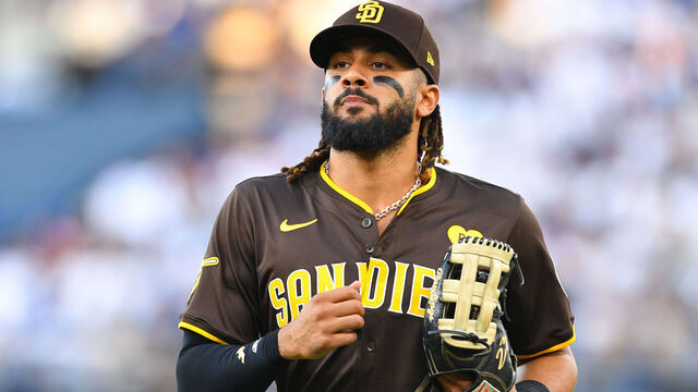 LOS ANGELES, CA - OCTOBER 06: San Diego Padres right fielder Fernando Tatis Jr. (23) looks on during game two of the National League Division Series game between the San Diego Padres and the Los Angeles Dodgers on October 6, 2024 at Dodger Stadium in Los Angeles, CA.