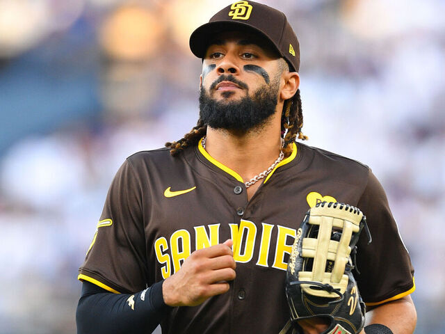 LOS ANGELES, CA - OCTOBER 06: San Diego Padres right fielder Fernando Tatis Jr. (23) looks on during game two of the National League Division Series game between the San Diego Padres and the Los Angeles Dodgers on October 6, 2024 at Dodger Stadium in Los Angeles, CA.