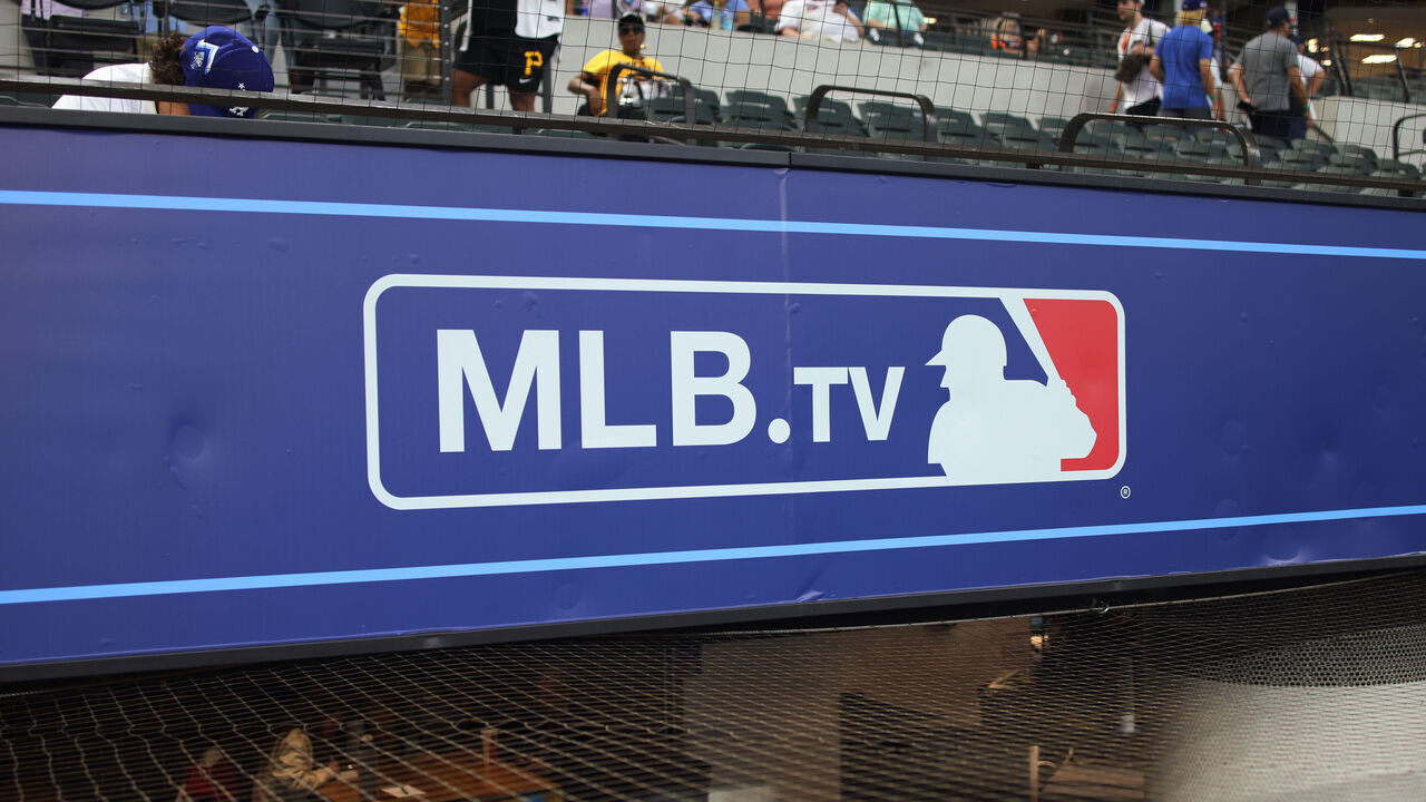 ARLINGTON, TX - JULY 13: A photo of the MLB.TV logo is seen in the dugout prior to the 2024 All-Star Futures Game at Globe Life Field on Saturday, July 13, 2024 in Arlington, Texas.