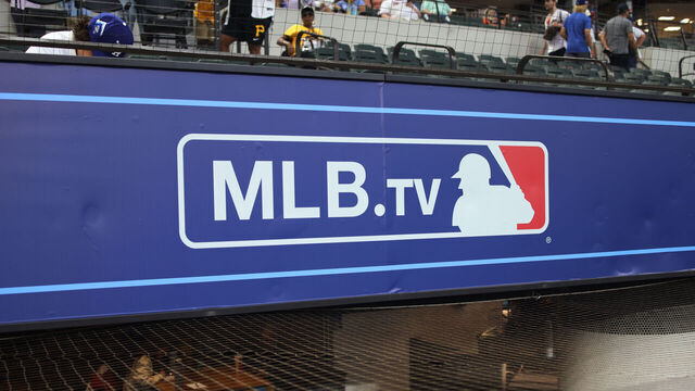 ARLINGTON, TX - JULY 13: A photo of the MLB.TV logo is seen in the dugout prior to the 2024 All-Star Futures Game at Globe Life Field on Saturday, July 13, 2024 in Arlington, Texas.