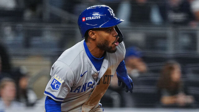 NEW YORK, NY - OCTOBER 07: Maikel Garcia #11 of the Kansas City Royals runs to first base after hitting a single in the ninth inning of Game 2 of the Division Series presented by Booking.com between the Kansas City Royals and the New York Yankees at Yankee Stadium on Monday, October 7, 2024 in New York, New York.